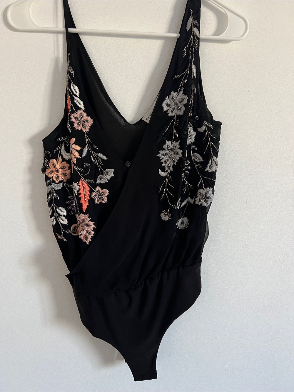Karina Grimaldi Silk Embroidered Beaded Bodysuit Black Boho XS